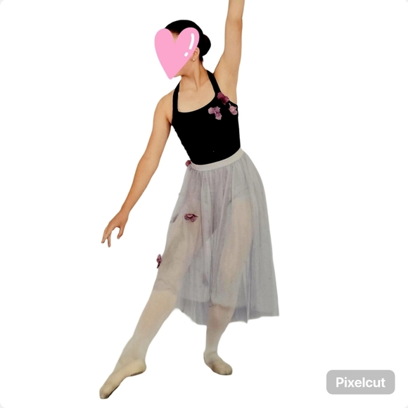 Balera grey high-low tulle skirt SA + black bodysuit ballet dance costume sz MA - Picture 2 of 9